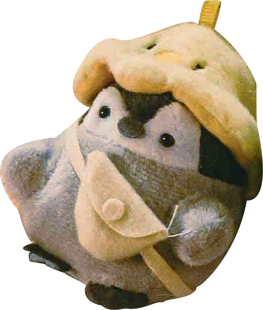 Small penguin keychain. The penguin wears a yellow hat and bag.